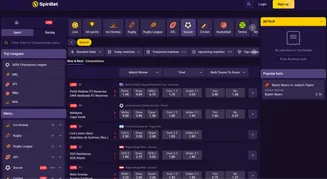 SpinBet sportsbook interface showing live soccer matches, betting odds, and top leagues